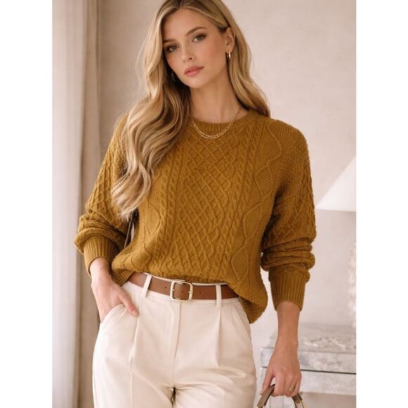 Callahan Sweaters - Callahan Womens Fisherman Cable Knit Sweater XS/S Bronze Preppy Quiet Luxury